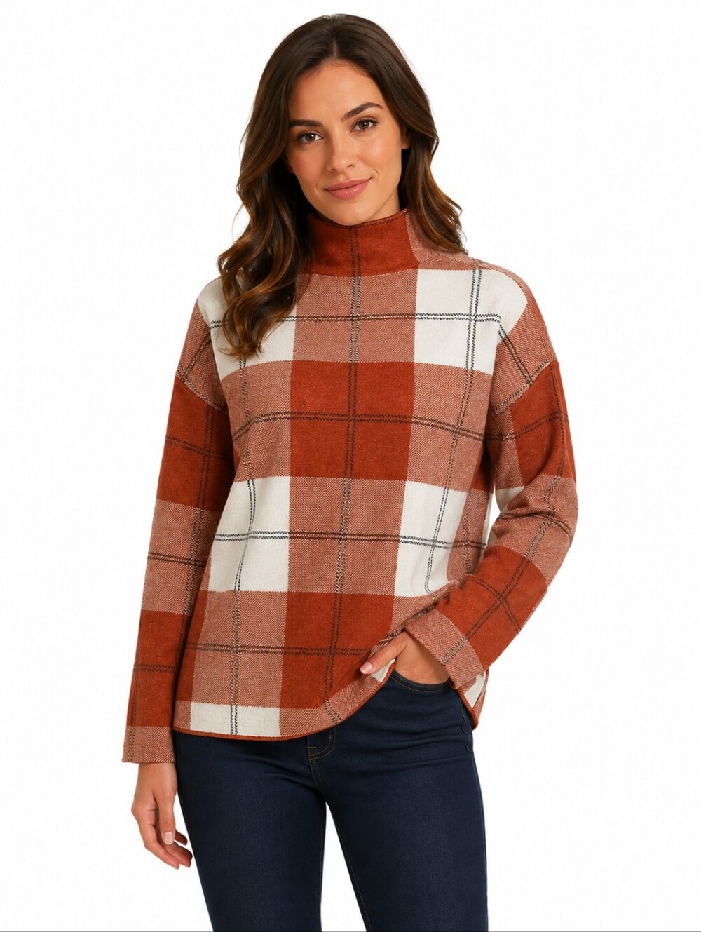 Rachel Zoe Rust and White Plaid Mock Neck Sweater